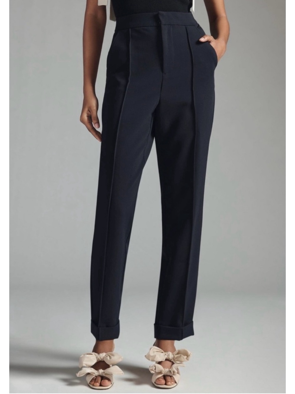Anthropologie Maeve High Rise Pleated Straight Leg Seamed Trouser Pants in Black